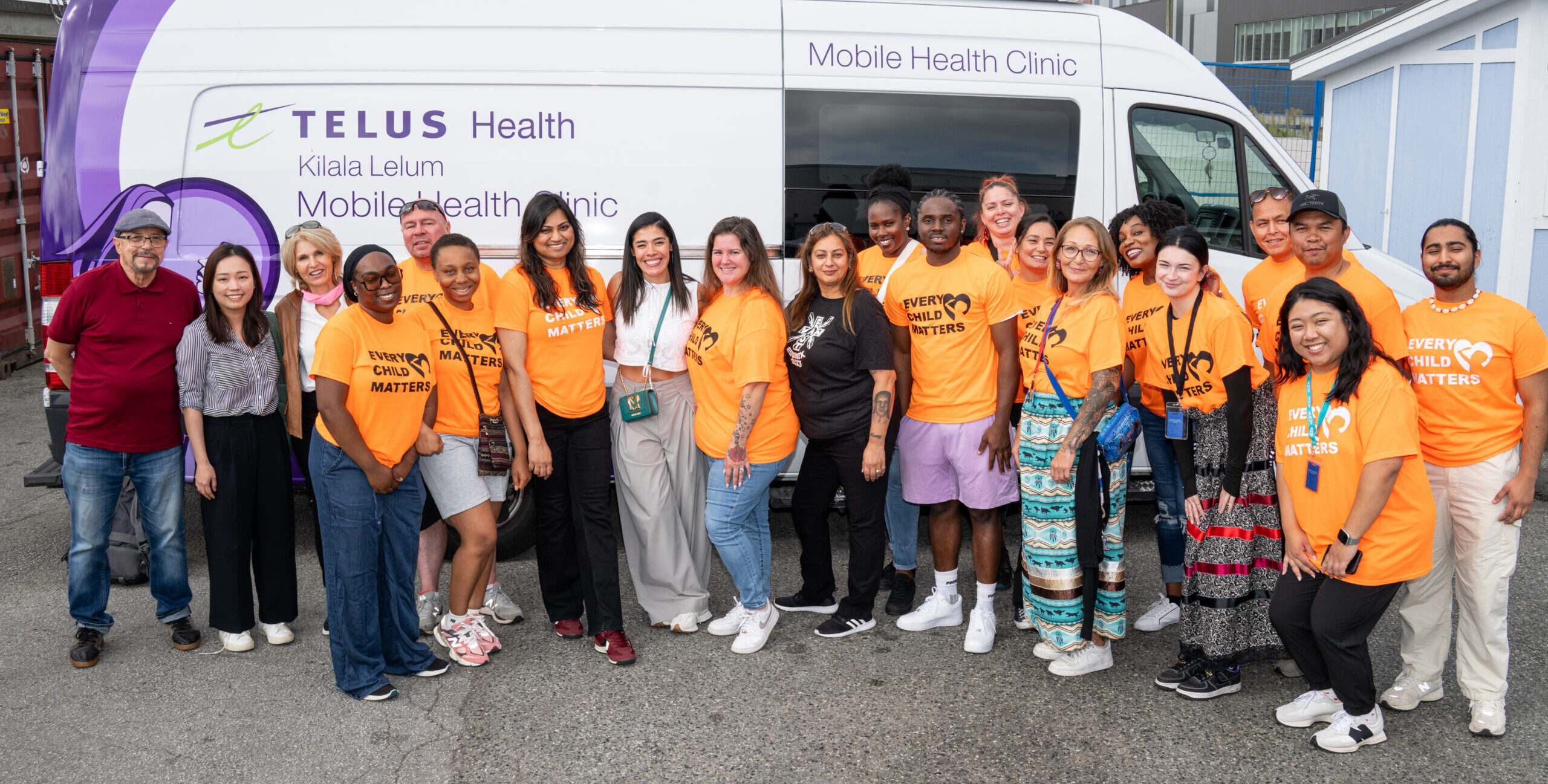 <p>Staff members of Lu’ma Native Housing Society and Klahowya Tillicum shelter in front of the Kilala Lelum Mobile Clinic which visits the shelter once per week.</p>
